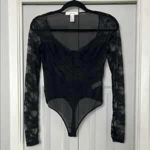 REVAMPED Thong Black Asymmetrical Sheer Lace underwire Bodysuit.
